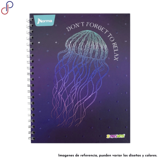 Cuaderno X-Presarte argollado con un motivo femenino de una medusa y una frase motivadora en ingles.