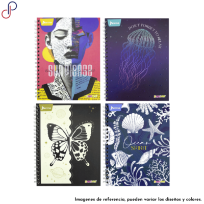 Cuatro cuadernos X-Presarte argollados con motivos femeninos, como de una medusa y una chica en arte abstracto.