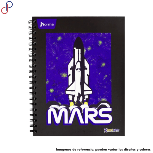 Cuaderno X-Presarte argollado con un motivo masculino donde se muestra un cohete despegando y el nombre del planeta Mars.