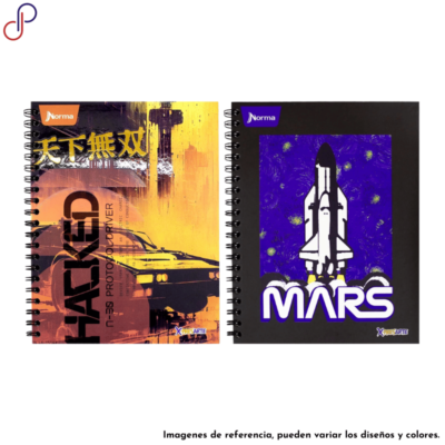 Dos cuadernos X-Presarte argollados con motivos masculinos, uno de un vehículo y el otro de un cohete despegando.