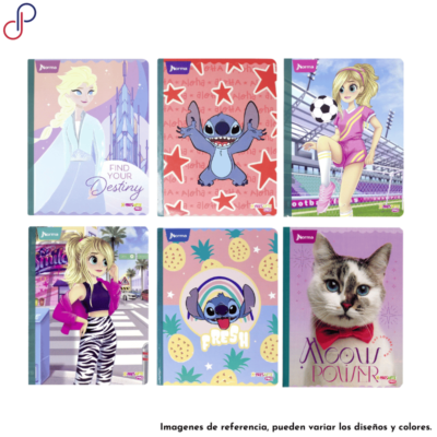 Ocho cuadernos X-Prestarte con motivos y caratulas variadas para mujer, como del personaje animado Stitch o de gatos.