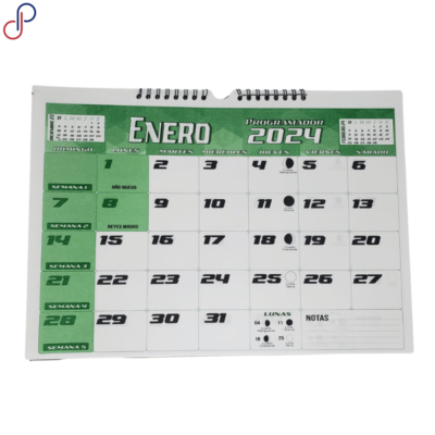 Programador en formato horizontal, donde se muestra la fecha de Enero con todos sus días, junto a una sección de notas.
