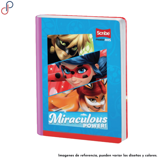 Cuaderno Master de Ladybug mostrando tres personajes principales en un fondo azul y con las palabras "miraculous power".