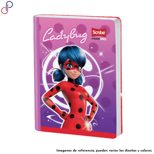 Cuaderno Master de Ladybug mostrando a ella misma posando rodeada por un diseño de remolinos luminosos.