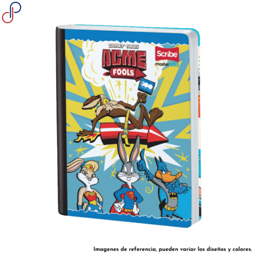 Cuaderno Master de Looney Tunes mostrando a personajes como el Pato Lucas y Bugs Bunny en trajes de superhéroes.