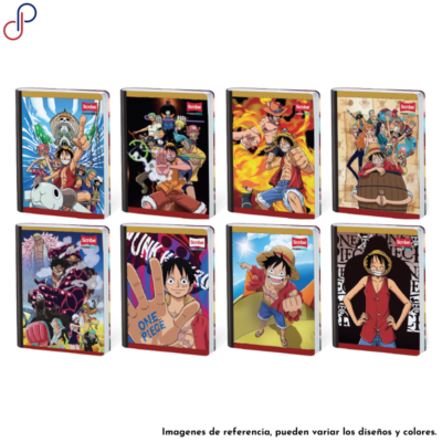 Ocho cuadernos cosidos Master con portadas coloridas e ilustraciones vibrantes de los personajes animados de "One Piece"