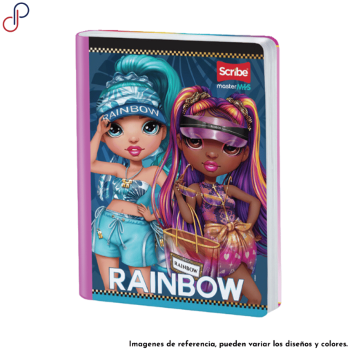Cuaderno Master marca Rainbow donde se muestra dos personajes estilizados con ropa y accesorios vibrantes.