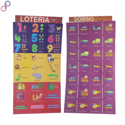 Cartones didácticos de colores brillantes, uno muestra un tipo de lotería, y el otro un domino con medios de transporte.