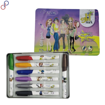 Ocho marcadores con glitter Azor Glit Mark, presentados en una caja metálica con ilustraciones de personajes estilizados.