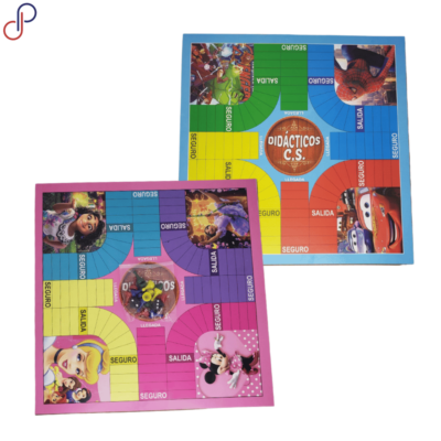 Dos tableros de parqués de colores azul y rosa, cada uno con motivos de personajes para niños y niñas.