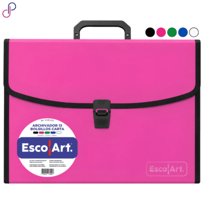 Archivador escolart 13 bolsillos tamaño carta, cuenta con el logo de escolart bordado y una etiqueta con sus referencias y características. También cuenta con los colores disponibles en forma de círculos