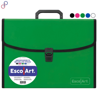 Archivador escolart 13 bolsillos tamaño oficio, cuenta con el logo de escolart bordado y una etiqueta con sus referencias y características. También cuenta con los colores disponibles en forma de círculos