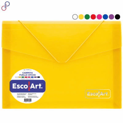 Carpeta fuelle Escolart, cuenta con el logo bordado y una etiqueta donde esta su referencia y características. Incluye los colores en los que viene la carpeta.