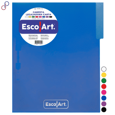 carpeta legajadora escolart de tamaño carta, se ve el logo bordado en la carpeta y una etiqueta con la referencia y características, también se aprecian todos los colores en forma de círculos.