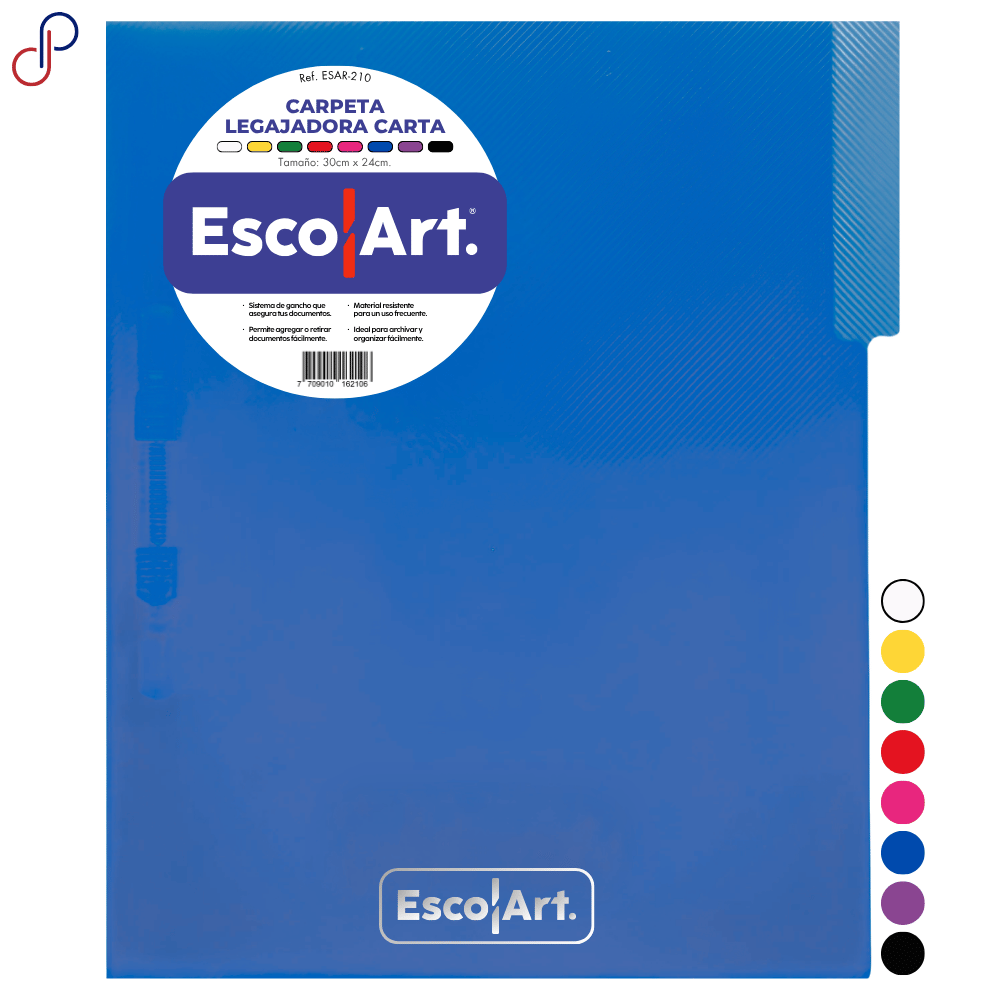 carpeta legajadora escolart de tamaño carta, se ve el logo bordado en la carpeta y una etiqueta con la referencia y características, también se aprecian todos los colores en forma de círculos.