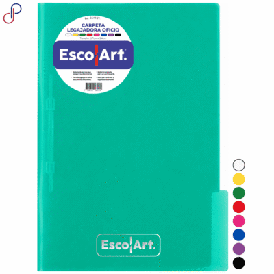 carpeta legajadora escolart de tamaño oficio, se ve el logo bordado en la carpeta y una etiqueta con la referencia y características, también se aprecian todos los colores en forma de círculos.