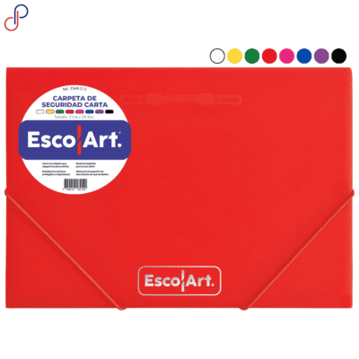 carpeta seguridad escolart de tamaño carta, se ve en la carpeta una etiqueta con la referencia y las caracteristicas y el logo de Escolart bordado, al lado de la carpeta se ven todos los colores disponibles