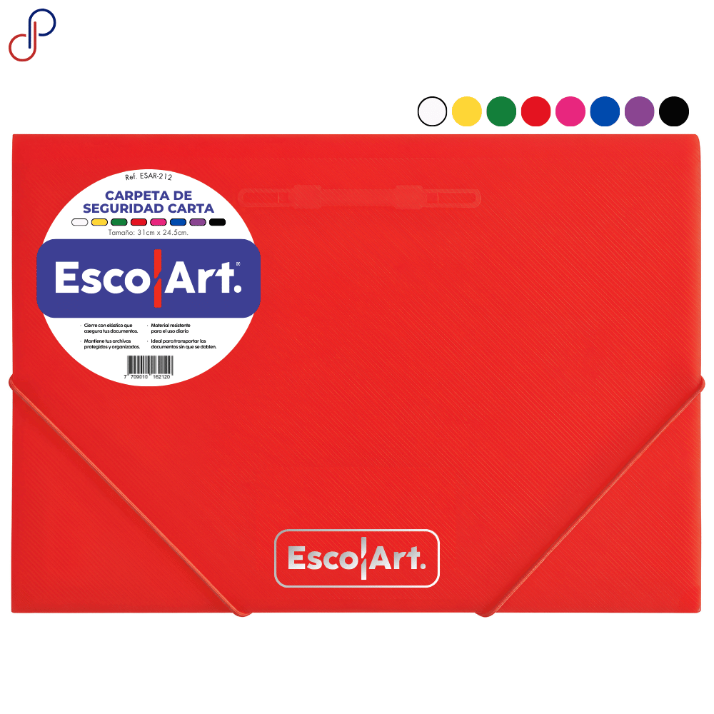 carpeta seguridad escolart de tamaño carta, se ve en la carpeta una etiqueta con la referencia y las caracteristicas y el logo de Escolart bordado, al lado de la carpeta se ven todos los colores disponibles