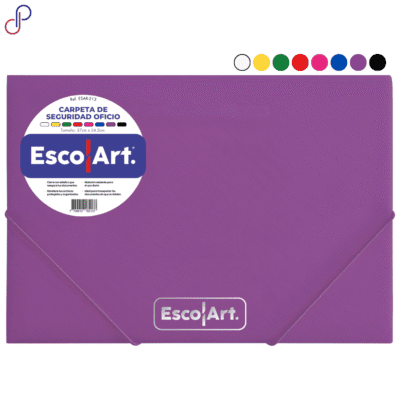 carpeta seguridad escolart de tamaño oficio, se ve en la carpeta una etiqueta con la referencia y las caracteristicas y el logo de Escolart bordado, al lado de la carpeta se ven todos los colores disponibles