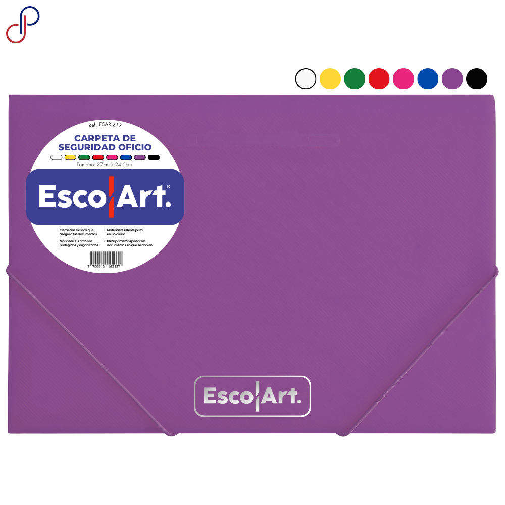 carpeta seguridad escolart de tamaño oficio, se ve en la carpeta una etiqueta con la referencia y las caracteristicas y el logo de Escolart bordado, al lado de la carpeta se ven todos los colores disponibles
