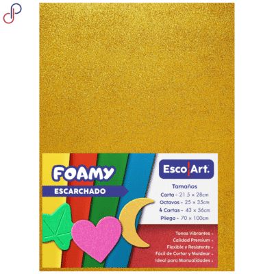 foamy escarchado escolart de color amarillo con su etiqueta encima donde muestra el logo, tamaños y características.