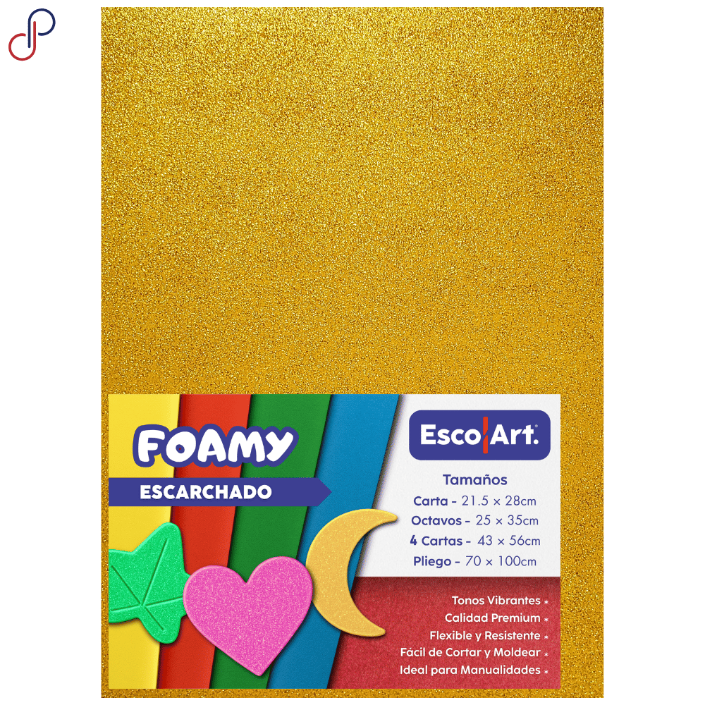 foamy escarchado escolart de color amarillo con su etiqueta encima donde muestra el logo, tamaños y características.