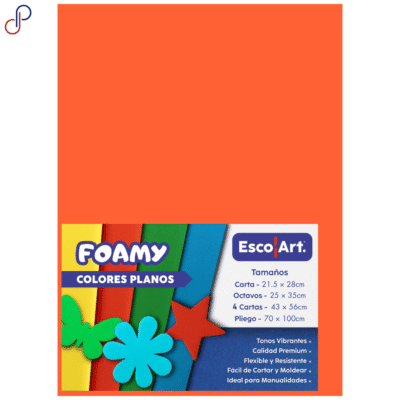foamy escolart de color naranja con su etiqueta encima donde muestra el logo, tamaños y características.