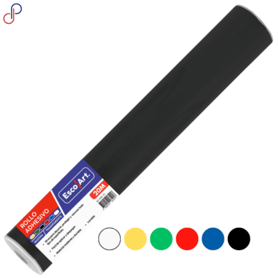 rollo adhesivo escolart 20m, cuenta con la etiqueta con características. Y con círculos que demuestran los colores disponibles