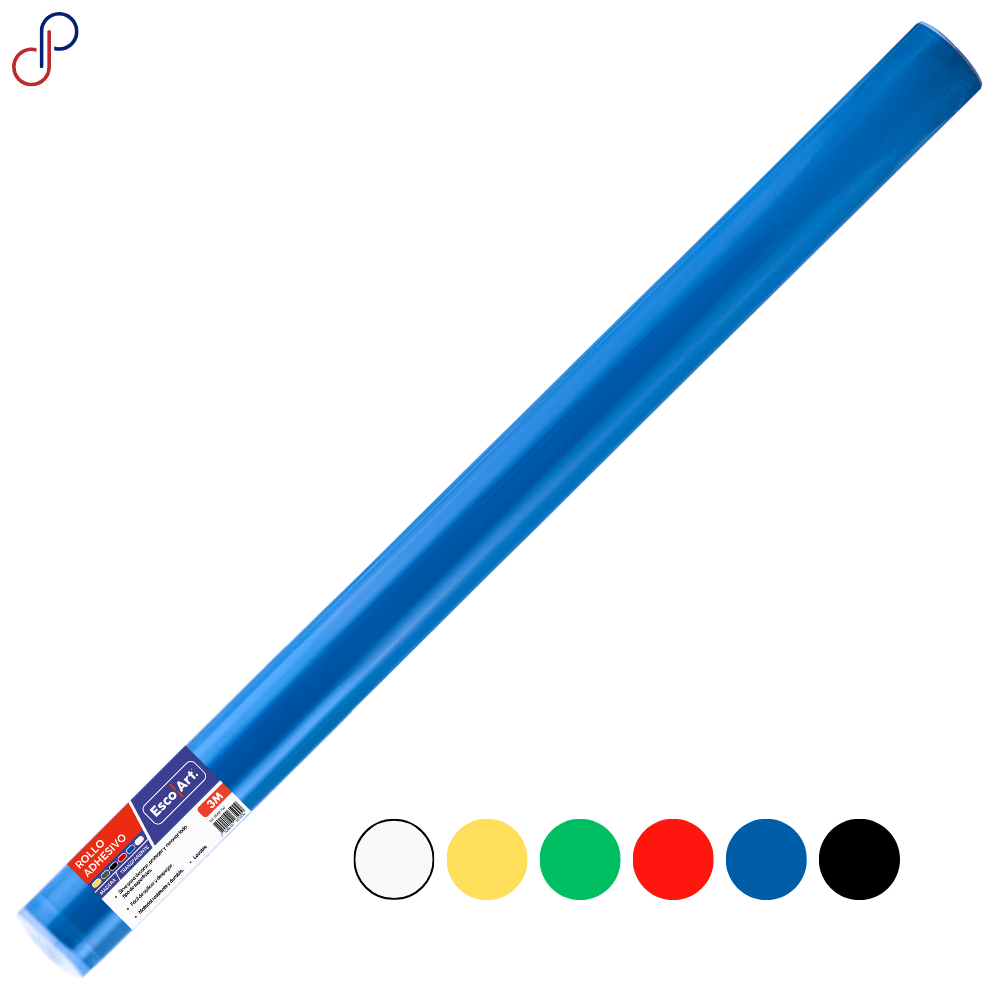 rollo adhesivo escolart 3m, cuenta con la etiqueta con características. Y con círculos que demuestran los colores disponibles