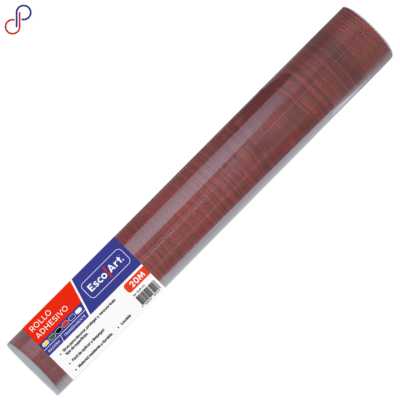 rollo adhesivo escolart madera 20m de un color madera oscuro, cuenta con la etiqueta con características.