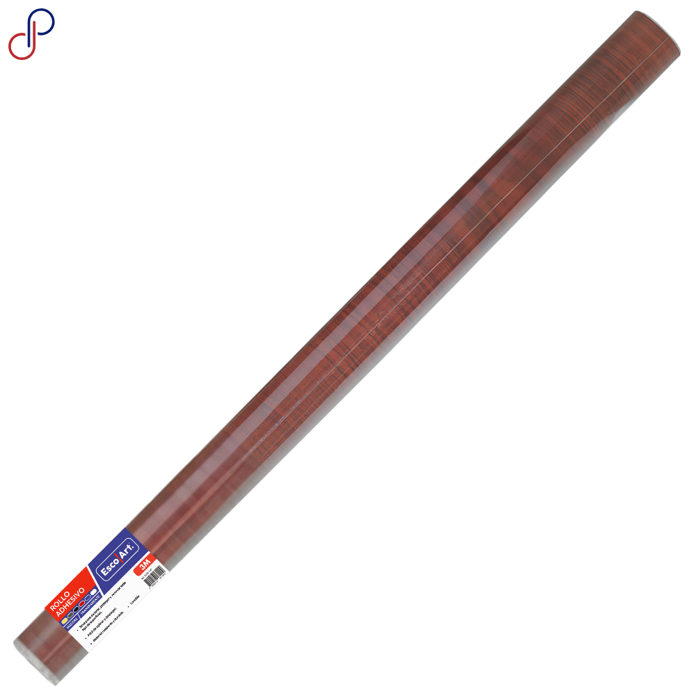 rollo adhesivo escolart madera 3m de un color madera oscuro, cuenta con la etiqueta con características.