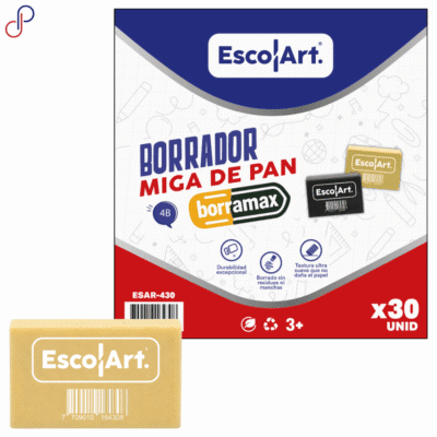 caja del borrador escolart miga de pan x30 con sus características y junto a ella una ilustración del borrador.