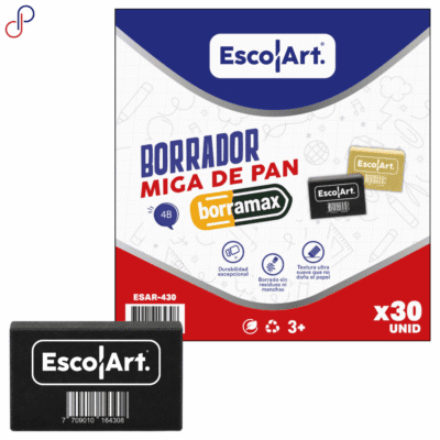 caja del borrador escolart miga de pan negro x30 con sus características y junto a ella una ilustración del borrador.