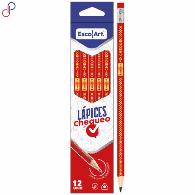 caja de Lápiz Escolart Rojo x12, cuenta con algunas características y una ventanilla donde se ve el cuerpo.