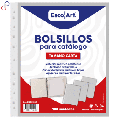 empaque de los bolsillos para catalogo escolart carta x100, muestra una ilustracion de los bolsillos, caracteristicas, tamaño, codigo de barras y referencia